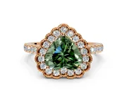 Milgrain Floral Halo Engagement Ring Setting for Fancy Green Heart-Shaped Center with Pave Band and Prong Head in Rose Gold