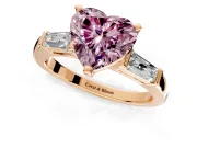 3 Stone Engagement Ring Setting for Fancy Pink Heart-Shaped Center with Tapered Baguettes, Plain Band and Prong Head in Rose Gold