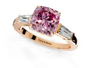 3 Stone Engagement Ring Setting for Fancy Pink Cushion Cut Center with Baguette Accents and Prong Head in Rose Gold