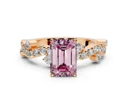 Solitaire Engagement Ring Setting for Fancy Pink Emerald Cut Center with Bar-Station Pave Twist and Prong Head in Rose Gold