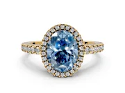 Accent Halo Engagement Ring Setting for Fancy Blue Oval Center with Full-Length Pave Band and Prong Head in Yellow Gold