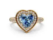 Milgrain Halo Engagement Ring Setting for Fancy Blue Heart-Shaped Center with Three-Sided Pave Band and Prong Head in Yellow Gold