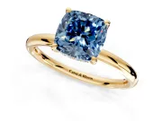 Hidden Halo Engagement Ring Setting for Fancy Blue Cushion Cut Center with Thin Rounded Band and Prong Head in Yellow Gold