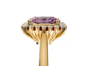 Starburst Halo Engagement Ring Setting for Fancy Pink Emerald Cut Center with Thin Round-Wire Band and Prong Head in Yellow Gold