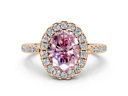 Pave Halo Engagement Ring Setting for Fancy Pink Oval Center with Single Row Pave Band and Prong Head in Rose Gold