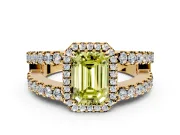 Halo Engagement Ring Setting for Fancy Yellow Emerald Cut Center with Wide-Open Pave Split Shank and Prong Head in Yellow Gold