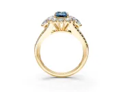 Halo Engagement Ring Setting for Fancy Blue Emerald Cut Center with Two-Strand Split Shank and Prong Head in Yellow Gold