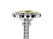 Halo Engagement Ring Setting for Fancy Yellow Oval Center with Milgrain Frame, Pave Band and Prong Head in Platinum