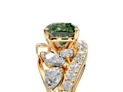 Halo Engagement Ring Setting for Fancy Green Cushion Cut Center with Marquise and Pave Bypass Band and Prong Head in Yellow Gold