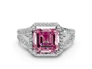 Halo Engagement Ring Setting for Fancy Pink Asscher Cut Center with Narrow Pave Split Shank and Prong Head in Platinum