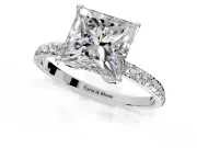 Solitaire Engagement Ring Setting for Princess Cut Center with Fine Pave Accents and Prong Head in Platinum