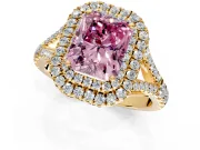 Double Halo Engagement Ring Setting for Fancy Pink Radiant Cut Center with Narrow Pave Split Shank and Prong Head in Yellow Gold
