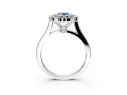 Halo Engagement Ring Setting for Fancy Blue Oval Center with Milgrain Frame, Pave Band and Prong Head in Sterling Silver