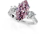 3 Stone Engagement Ring Setting for Fancy Pink Marquise Center with Crossover Basket, Pave Band and Prong Head in Platinum