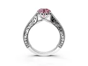 Solitaire Engagement Ring Setting for Fancy Pink Round Cut Center with Engraved Pave Band and Prong Head in Sterling Silver