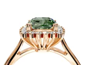 Starburst Halo Engagement Ring Setting for Fancy Green Cushion Cut Center with Thin Round-Wire Band and Prong Head in Rose Gold