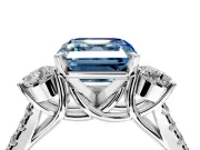 3 Stone Engagement Ring Setting for Fancy Blue Asscher Cut Center with Crossover Basket, Pave Band and Prong Head in Platinum