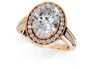 Halo Engagement Ring Setting for Oval Center with Outer Bezel Rim, Pave Band and Prong Head in Rose Gold