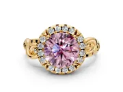 Halo Engagement Ring Setting for Fancy Pink Round Cut Center with Open Scroll Shoulders and Prong Head in Yellow Gold