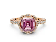 Halo Engagement Ring Setting for Fancy Pink Asscher Cut Center with Openwork Halo, Pave Band and Prong Head in Rose Gold