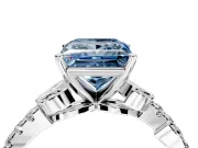 Leaf Motif Engagement Ring Setting for Fancy Blue Princess Cut Center with Pave Band and Prong Head in Platinum