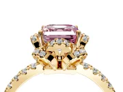 Floral Halo Engagement Ring Setting for Fancy Pink Asscher Cut Center with Pave Band and Prong Head in Yellow Gold