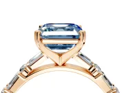 Baguette Engagement Ring Setting for Fancy Blue Asscher Cut Center with Alternating Bar-Set Band and Prong Head in Rose Gold