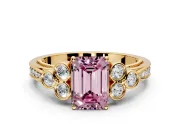 Cluster Engagement Ring Setting for Fancy Pink Emerald Cut Center with Bezel Accent Clusters and Prong Head in Yellow Gold