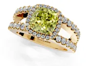 Halo Engagement Ring Setting for Fancy Yellow Cushion Cut Center with Wide-Open Pave Split Shank and Prong Head in Yellow Gold
