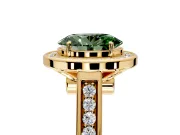 Halo Engagement Ring Setting for Fancy Green Oval Center with Outer Bezel Rim, Pave Band and Prong Head in Yellow Gold