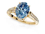 Cathedral Engagement Ring Setting for Fancy Blue Oval Center with Antique-Style Pave Band and Prong Head in Yellow Gold