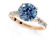 Baguette Engagement Ring Setting for Fancy Blue Round Cut Center with Alternating Bar-Set Band and Prong Head in Rose Gold