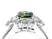 Halo Engagement Ring Setting for Fancy Green Radiant Cut Center with Two-Strand Split Shank and Prong Head in Platinum