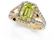 Halo Engagement Ring Setting for Fancy Yellow Emerald Cut Center with Narrow Pave Split Shank and Prong Head in Yellow Gold