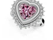 Halo Engagement Ring Setting for Fancy Pink Heart-Shaped Center with Milgrain Bezel Rim, Plain Band and Prong Head in White Gold