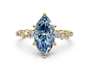 Solitaire Engagement Ring Setting for Fancy Blue Marquise Center with Trailing Leaf Accent Band and Prong Head in Yellow Gold