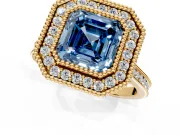 Halo Engagement Ring Setting for Fancy Blue Asscher Cut Center with Milgrain Frame, Pave Band and Prong Head in Yellow Gold