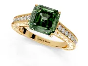 Solitaire Engagement Ring Setting for Fancy Green Asscher Cut Center with Engraved Pave Band and Prong Head in Yellow Gold
