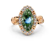 Halo Engagement Ring Setting for Fancy Green Marquise Center with Open Scroll Shoulders and Prong Head in Rose Gold