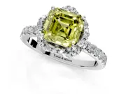 Halo Engagement Ring Setting for Fancy Yellow Asscher Cut Center with Openwork Halo, Pave Band and Prong Head in White Gold