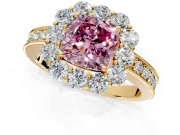 Halo Engagement Ring Setting for Fancy Pink Cushion Cut Center with Milgrain Channel Band and Prong Head in Yellow Gold