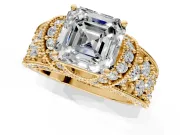 Pave Engagement Ring Setting for Asscher Cut Center with Curved Accent Rows, Openwork and Prong Head in Yellow Gold