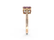 Cathedral Engagement Ring Setting for Fancy Pink Emerald Cut Center with Antique-Style Pave Band and Prong Head in Rose Gold