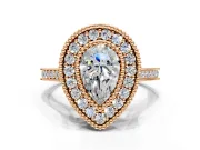 Halo Engagement Ring Setting for Pear-Shaped Center with Milgrain Frame, Pave Band and Prong Head in Rose Gold