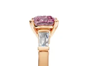 3 Stone Engagement Ring Setting for Fancy Pink Cushion Cut Center with Channel Baguette Accents and Prong Head in Rose Gold