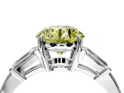 3 Stone Engagement Ring Setting for Fancy Yellow Round Cut Center with Baguette Accents and Prong Head in White Gold