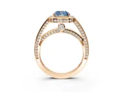 Halo Engagement Ring Setting for Fancy Blue Cushion Cut Center with Framed Halo, Pave Band and Prong Head in Rose Gold
