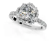 Halo Engagement Ring Setting for Cushion Cut Center with Openwork Halo, Pave Band and Prong Head in Platinum