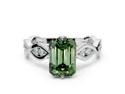 Solitaire Engagement Ring Setting for Fancy Green Emerald Cut Center with Accented Twist Band and Leaf Prong Head in Platinum