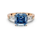 3 Stone Engagement Ring Setting for Fancy Blue Asscher Cut Center with Tapered Baguettes, Plain Band and Prong Head in Rose Gold
